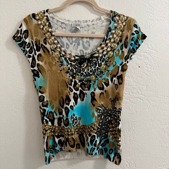 Caché Short Sleeve Knit Mixed Pattern Animal Print Cap Sleeve 2010s Shirt M - Picture 1 of 5